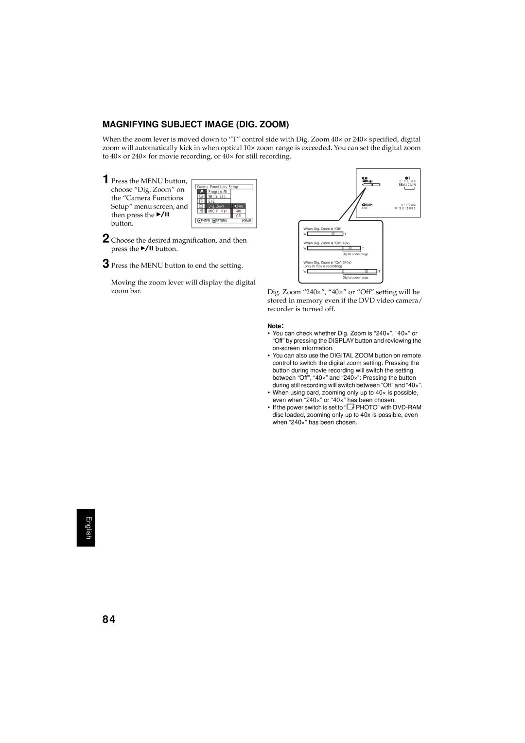 Hitachi DZMV350A Magnifying Subject Image DIG. Zoom, Choose the desired magnification, and then press the button 