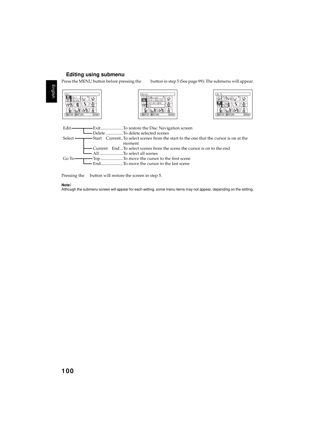 Hitachi DZMV380E, DZMV350E instruction manual 100, Editing using submenu 