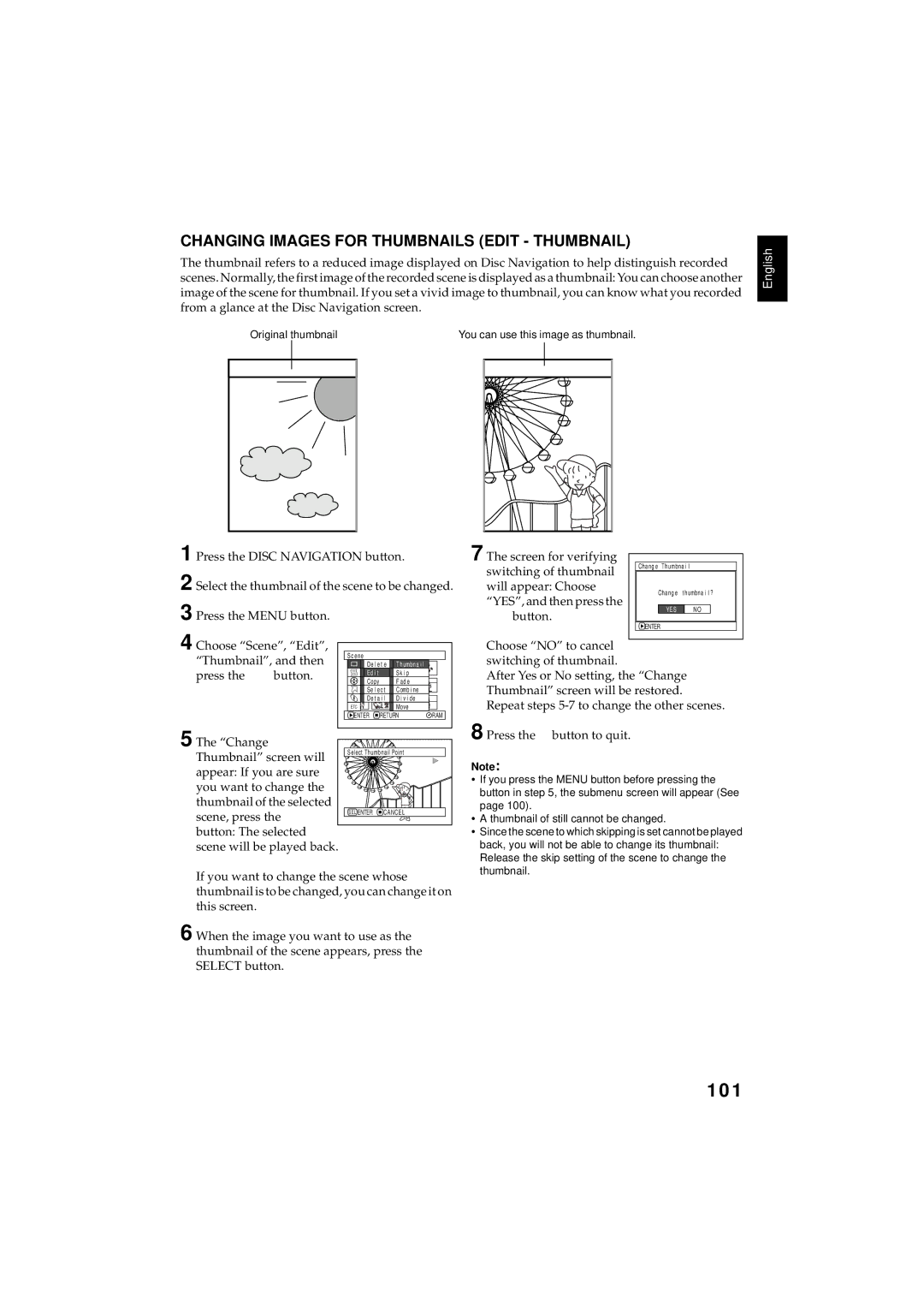 Hitachi DZMV350E, DZMV380E instruction manual 101, Changing Images for Thumbnails Edit Thumbnail 