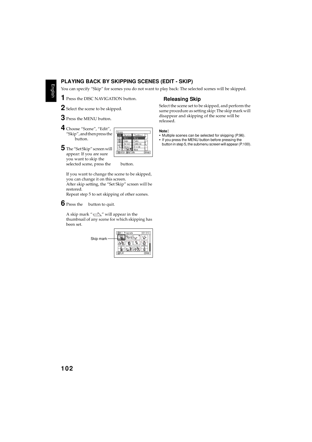 Hitachi DZMV380E, DZMV350E instruction manual 102, Playing Back by Skipping Scenes Edit Skip, Releasing Skip 