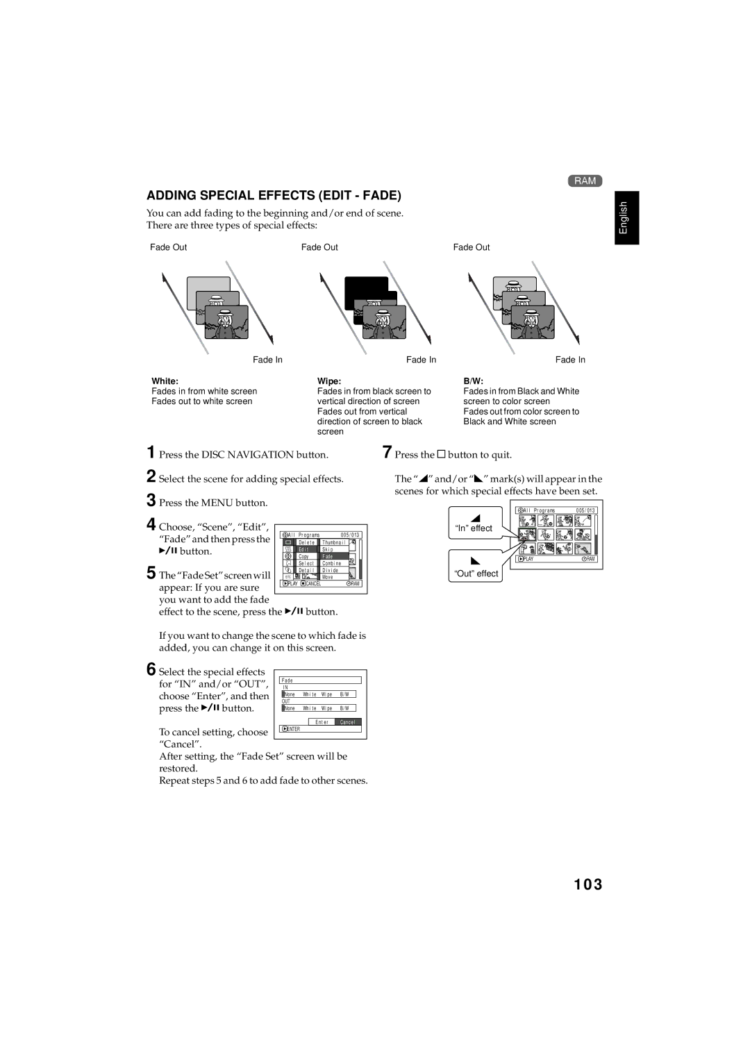 Hitachi DZMV350E, DZMV380E instruction manual 103, Adding Special Effects Edit Fade 