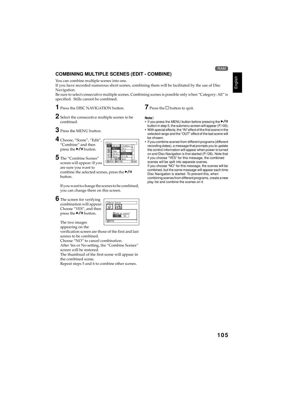 Hitachi DZMV350E, DZMV380E instruction manual 105, Combining Multiple Scenes Edit Combine 