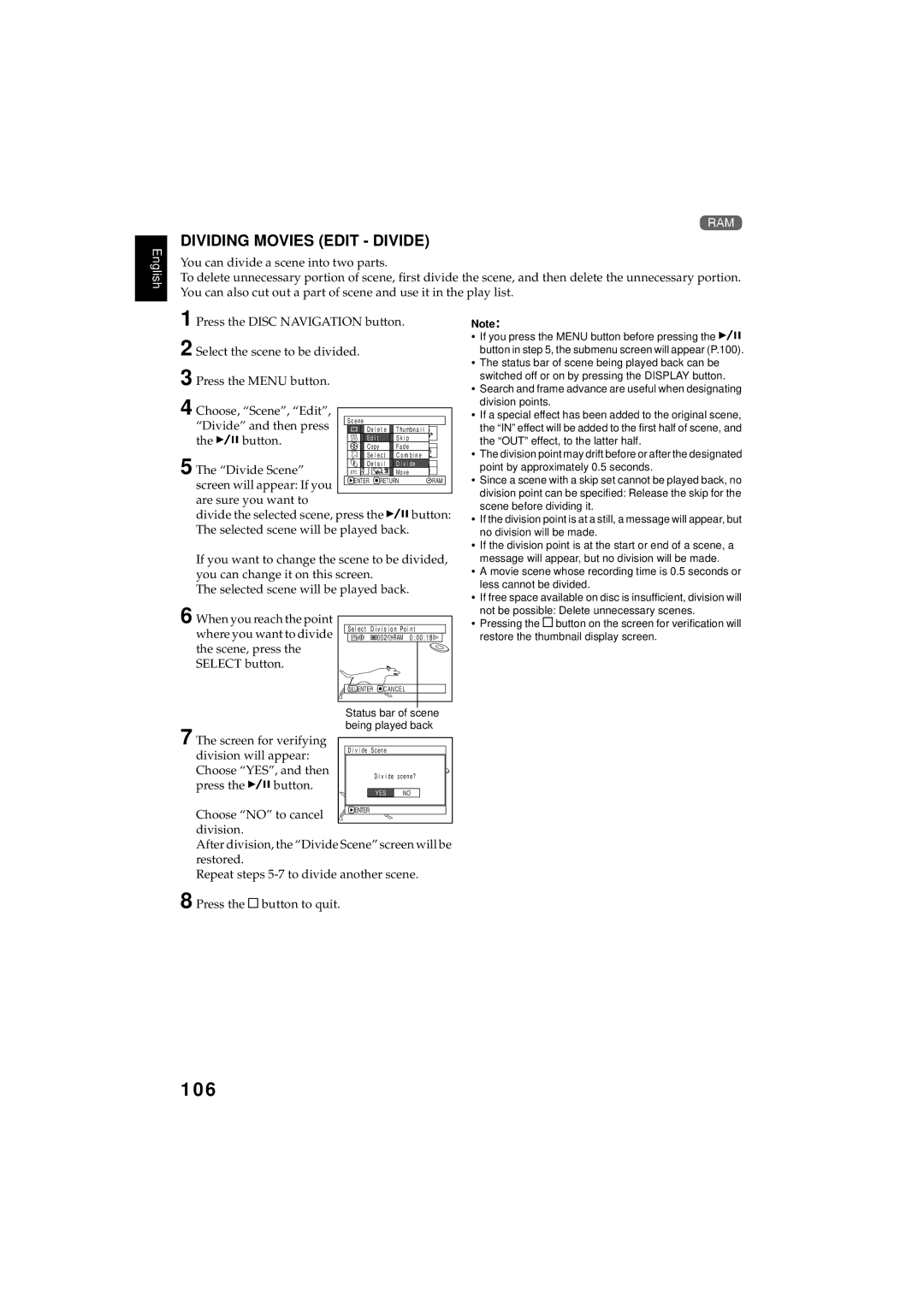 Hitachi DZMV380E, DZMV350E instruction manual 106, Dividing Movies Edit Divide 