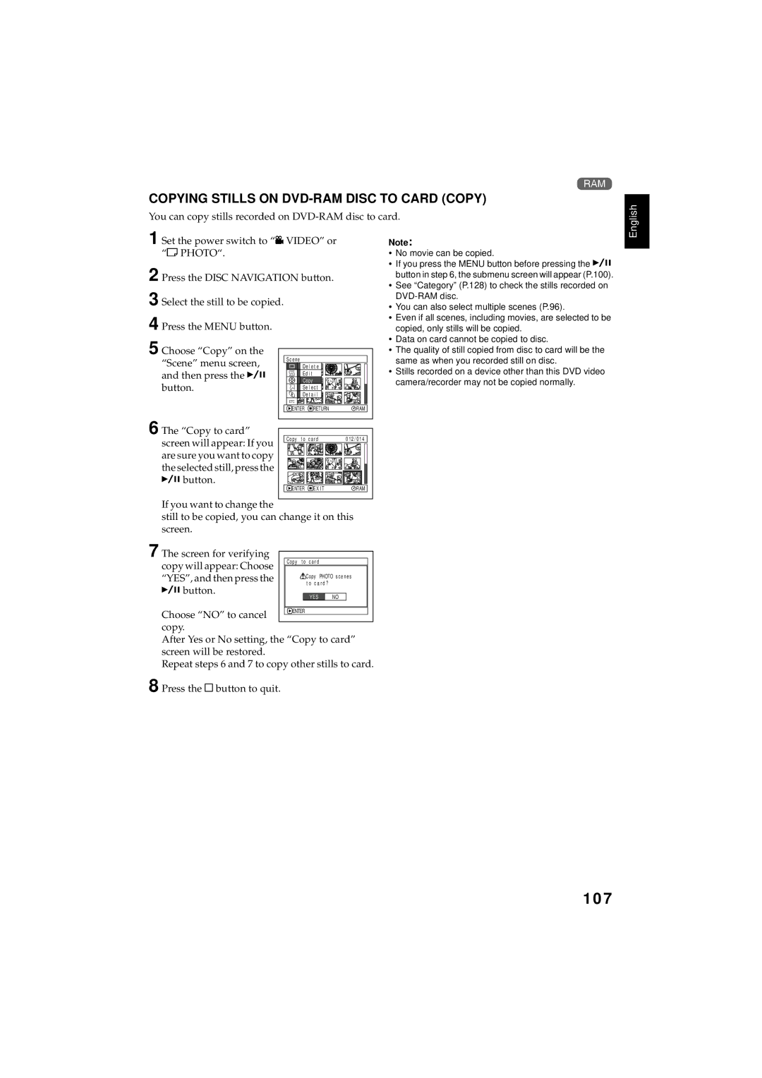 Hitachi DZMV350E, DZMV380E instruction manual 107, Copying Stills on DVD-RAM Disc to Card Copy 