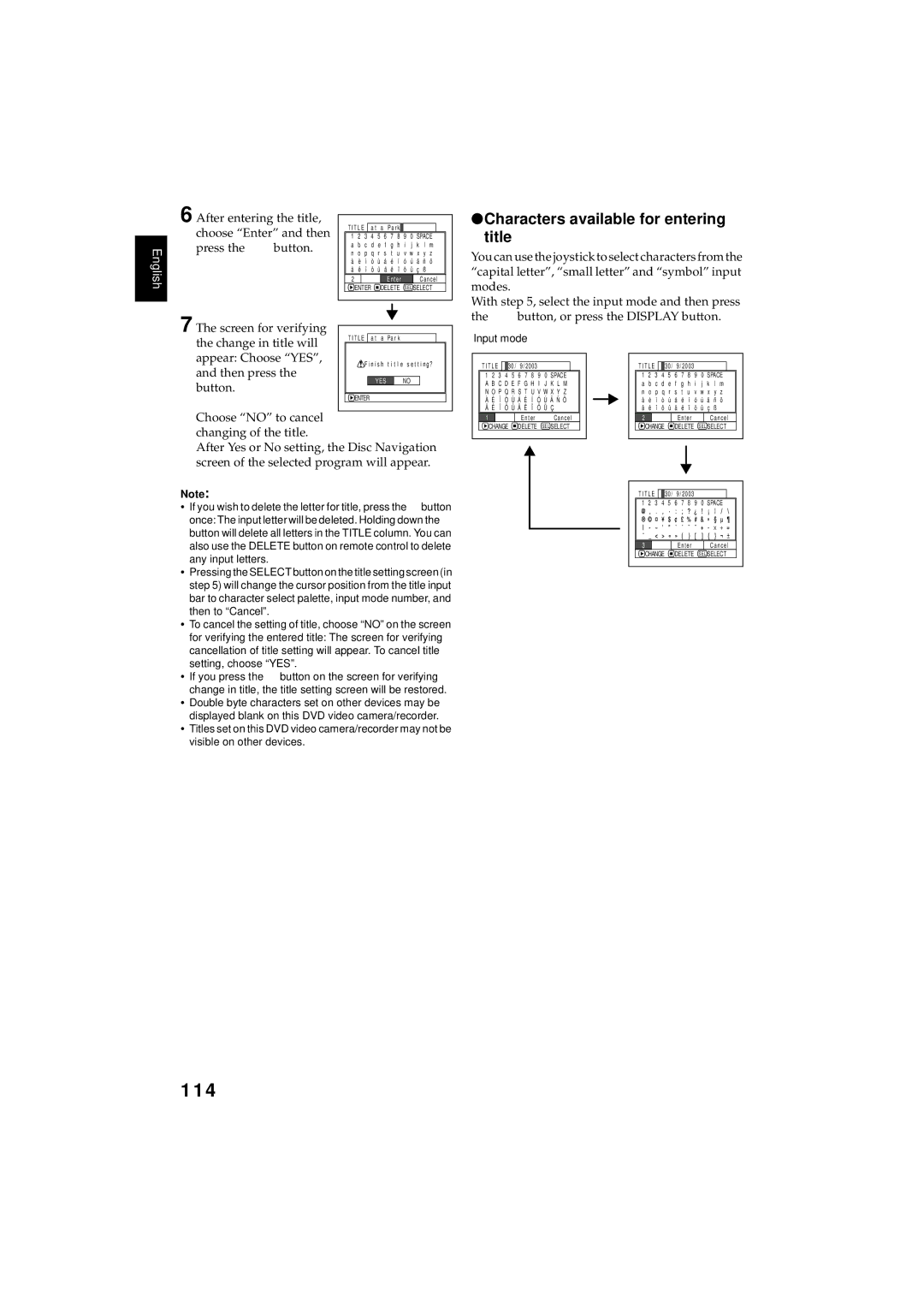 Hitachi DZMV380E, DZMV350E instruction manual 114, Characters available for entering title 