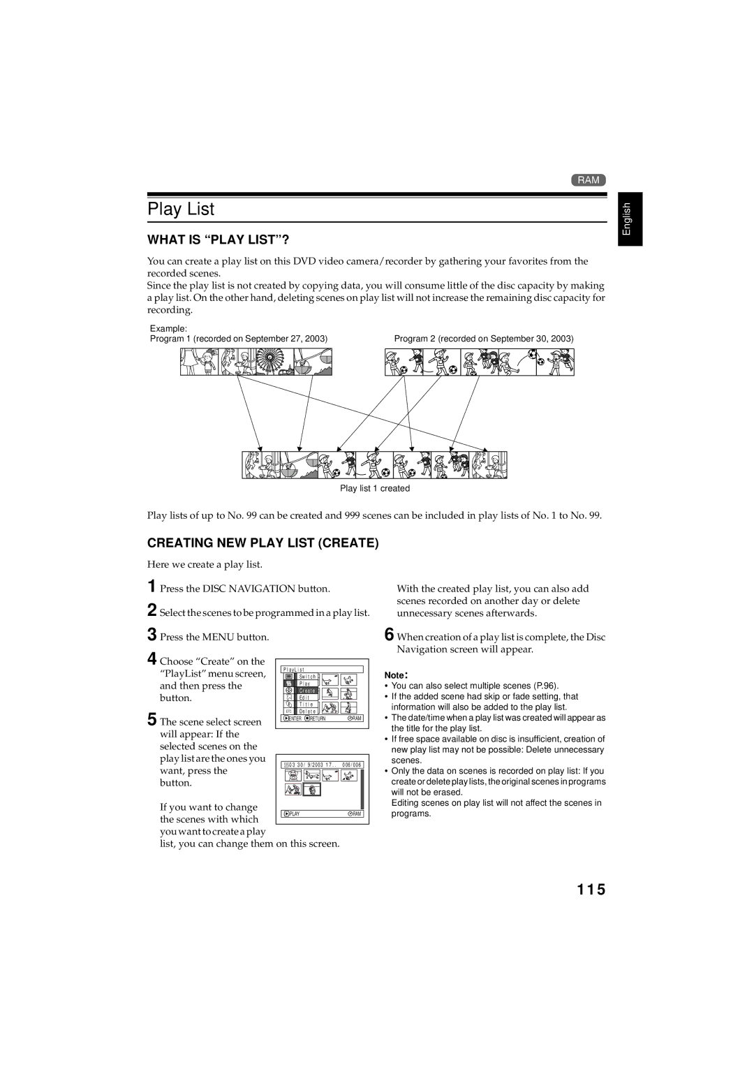 Hitachi DZMV350E, DZMV380E instruction manual 115, What is Play LIST?, Creating NEW Play List Create 