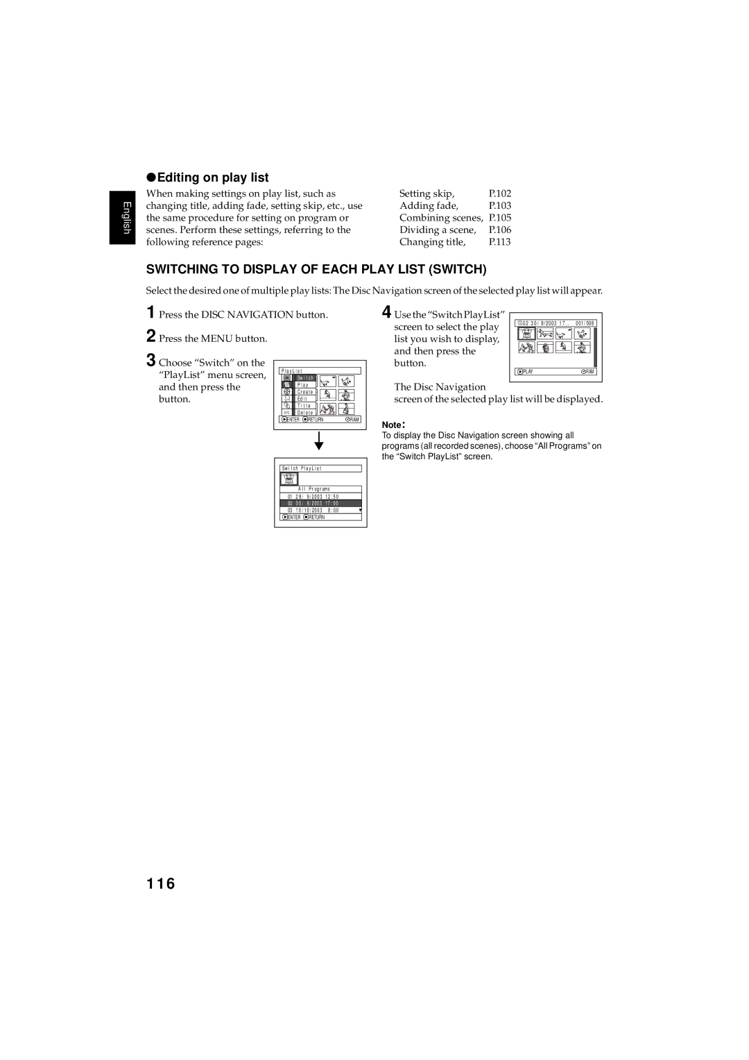 Hitachi DZMV380E, DZMV350E instruction manual 116, Editing on play list, Switching to Display of Each Play List Switch 