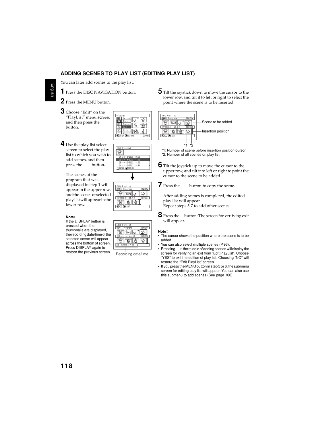 Hitachi DZMV380E, DZMV350E instruction manual 118, Adding Scenes to Play List Editing Play List 