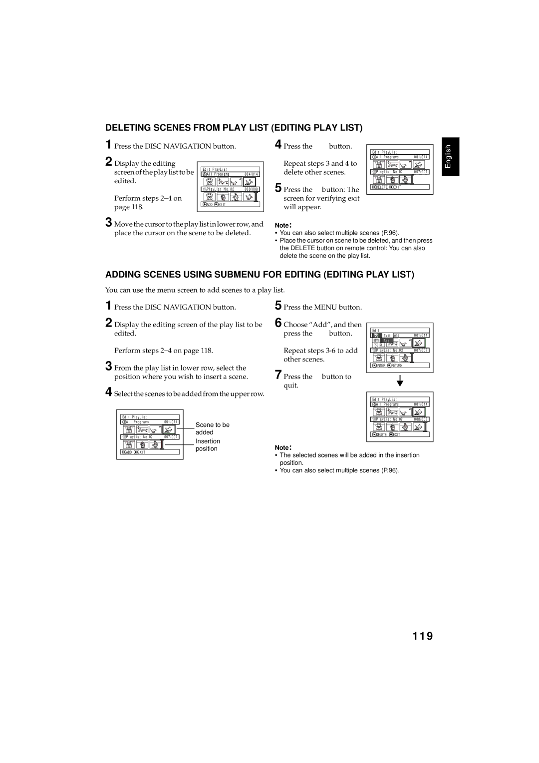 Hitachi DZMV350E, DZMV380E instruction manual 119, Deleting Scenes from Play List Editing Play List 