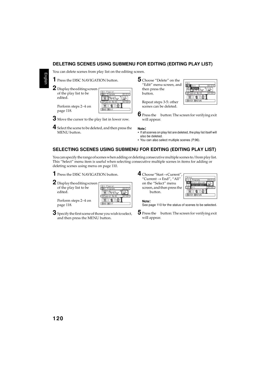 Hitachi DZMV380E, DZMV350E instruction manual 120, Deleting Scenes Using Submenu for Editing Editing Play List 