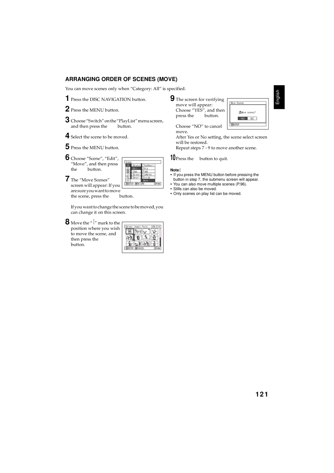 Hitachi DZMV350E, DZMV380E instruction manual 121, Arranging Order of Scenes Move, Move Scenes, Move will appear 