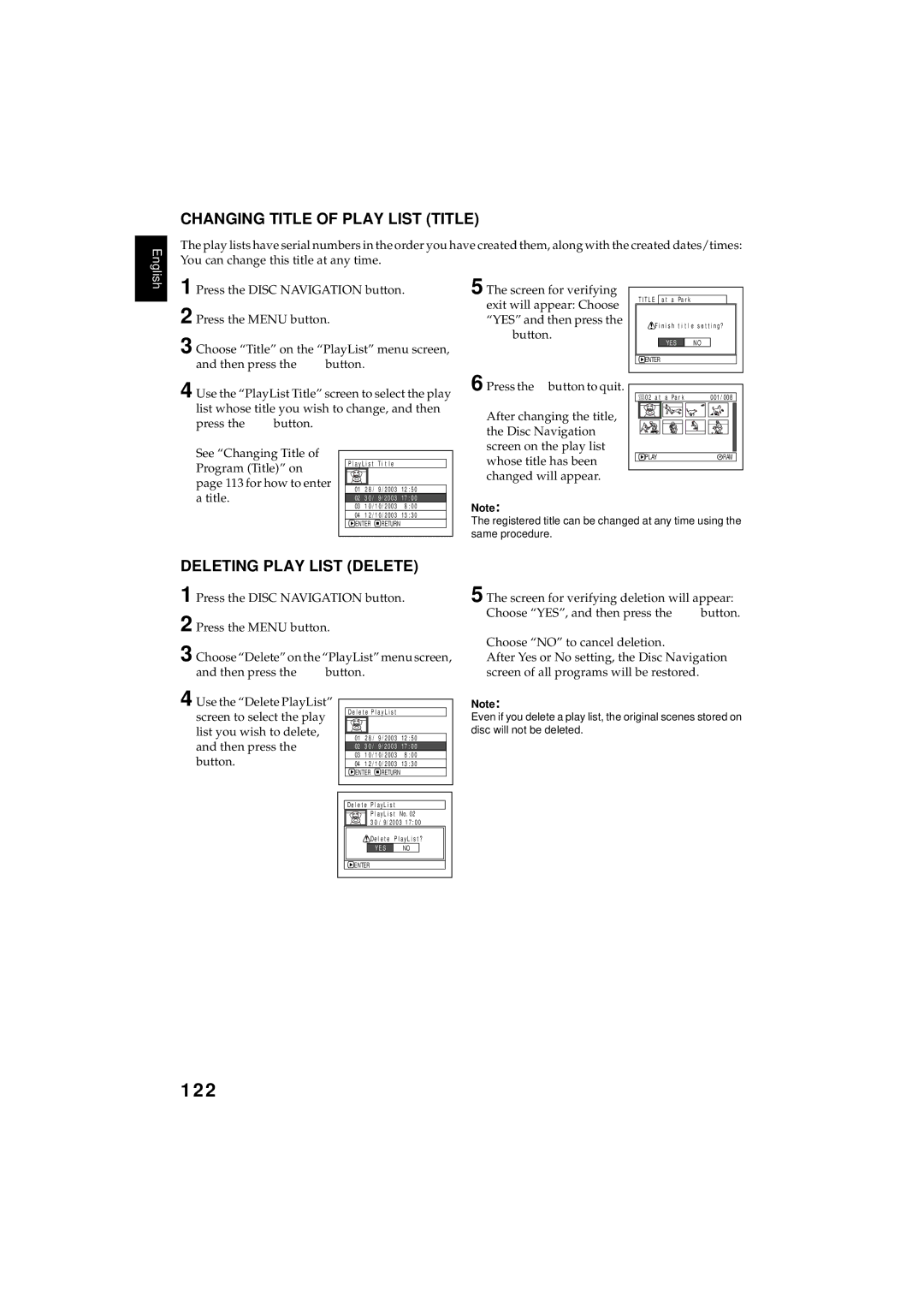 Hitachi DZMV380E, DZMV350E instruction manual 122, Changing Title of Play List Title, Deleting Play List Delete 