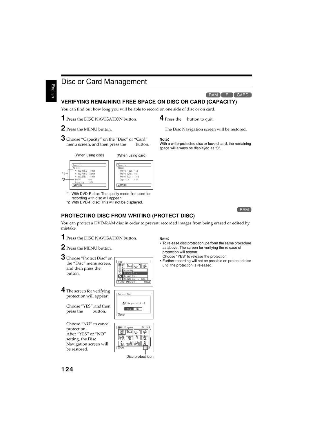 Hitachi DZMV380E, DZMV350E Disc or Card Management, 124, Verifying Remaining Free Space on Disc or Card Capacity 