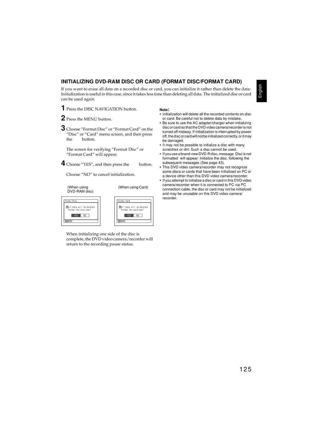 Hitachi DZMV350E, DZMV380E instruction manual 125, Initializing DVD-RAM Disc or Card Format DISC/FORMAT Card 