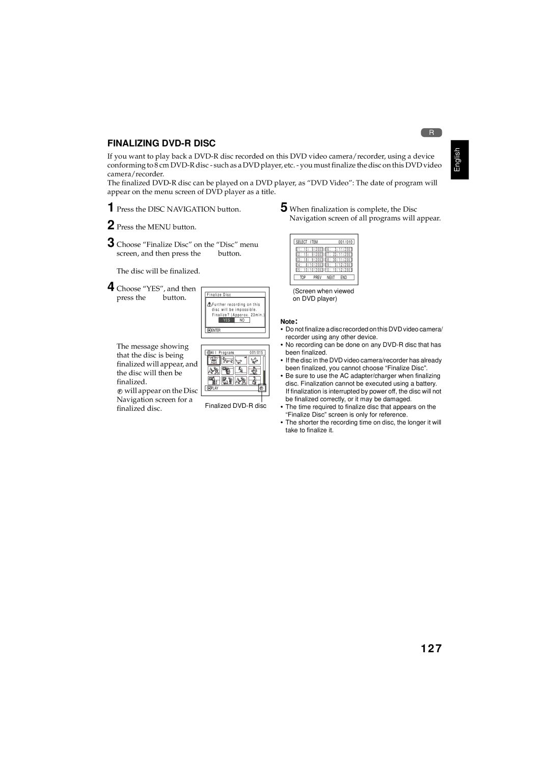 Hitachi DZMV350E, DZMV380E instruction manual 127, Finalizing DVD-R Disc 