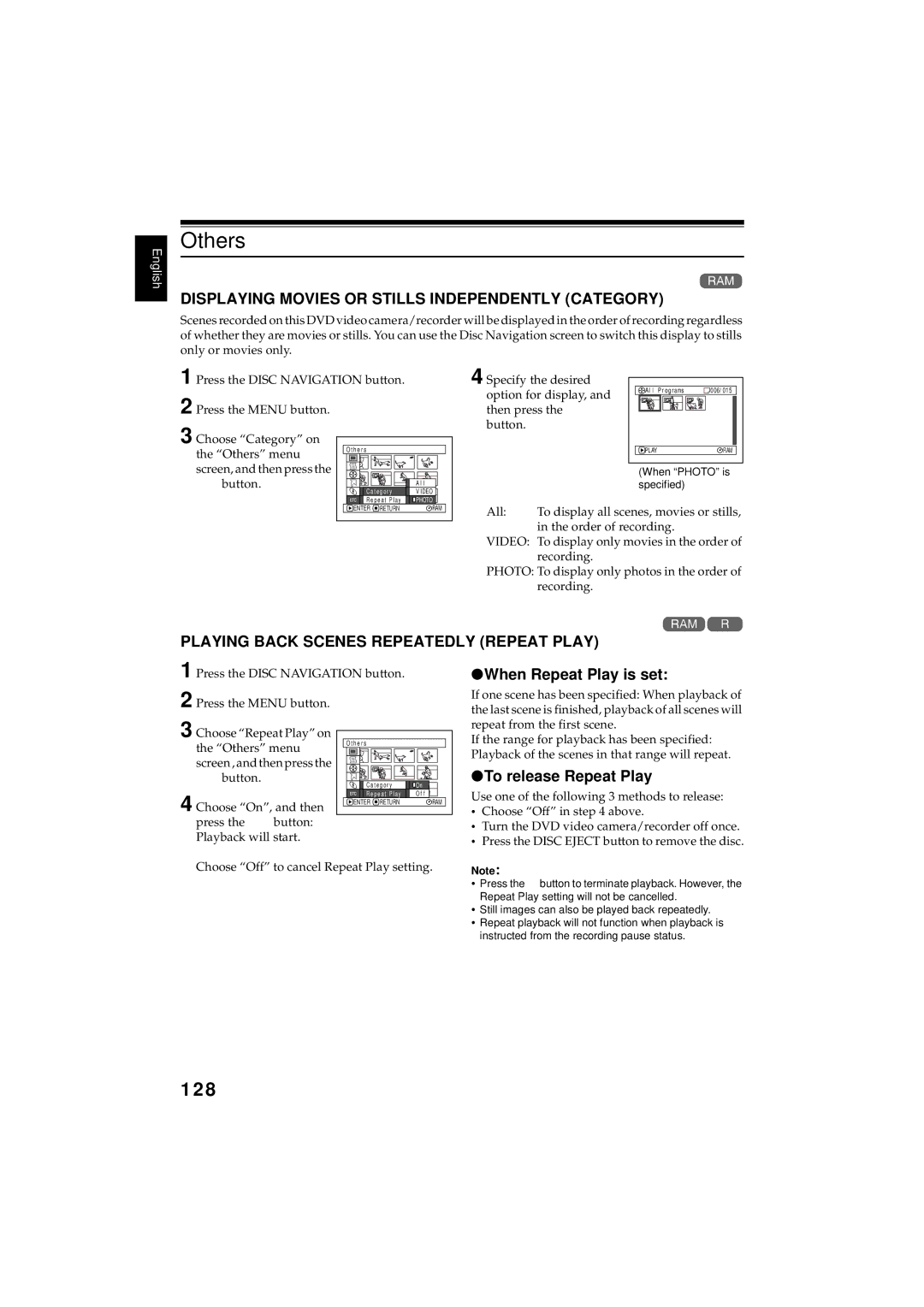 Hitachi DZMV380E, DZMV350E instruction manual Others, 128, Displaying Movies or Stills Independently Category 