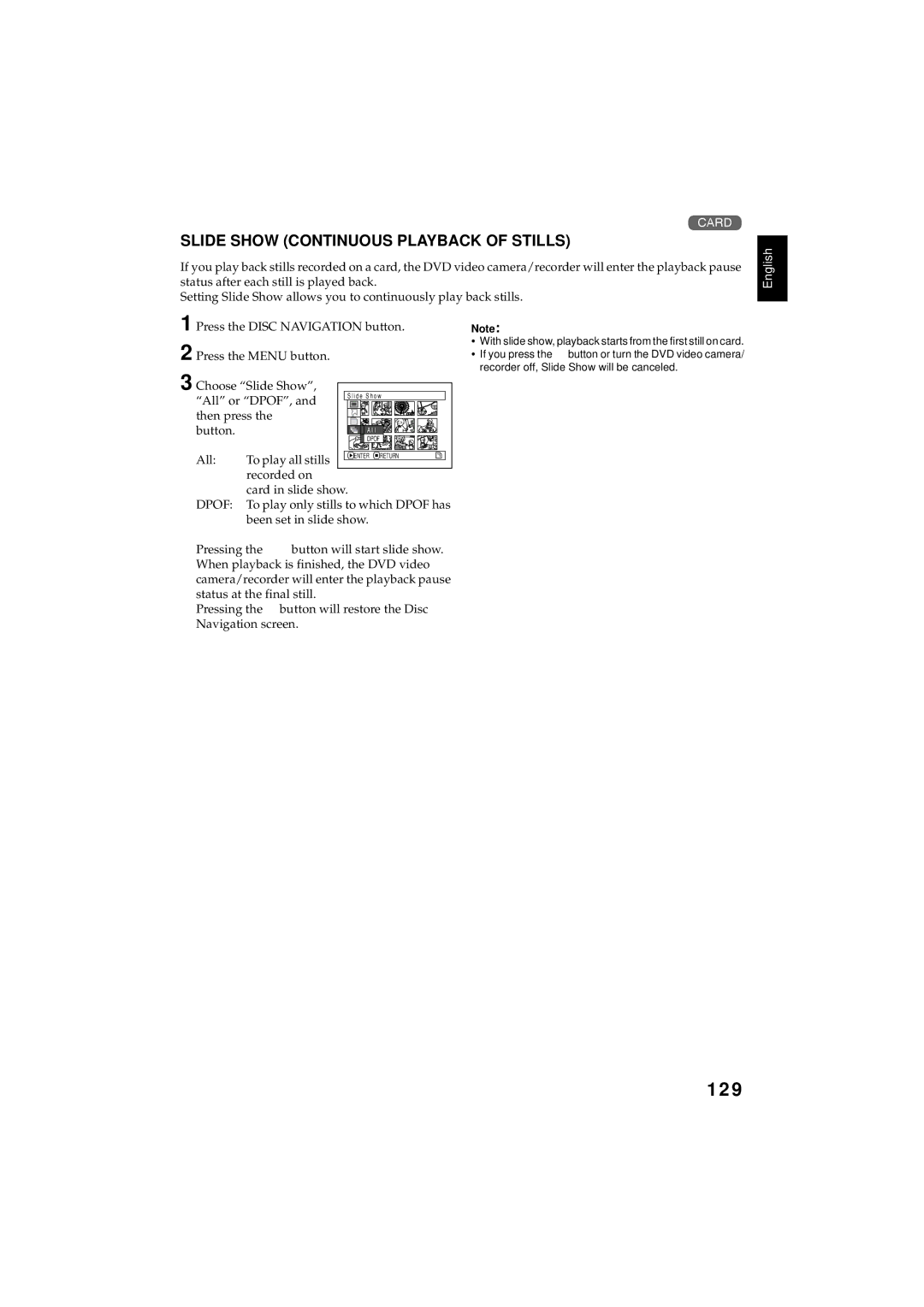 Hitachi DZMV350E, DZMV380E instruction manual 129, Slide Show Continuous Playback of Stills 