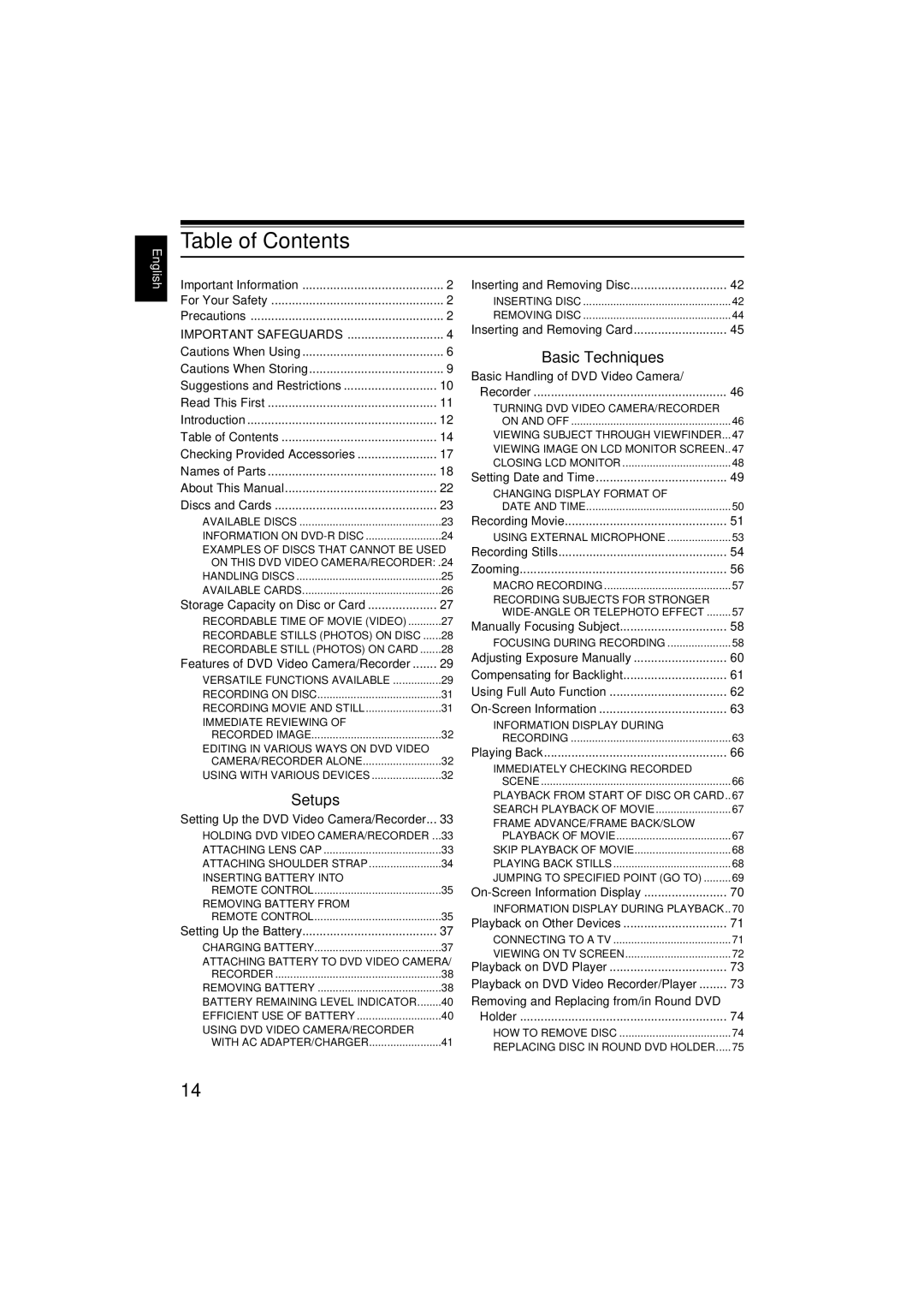 Hitachi DZMV380E, DZMV350E instruction manual Table of Contents 