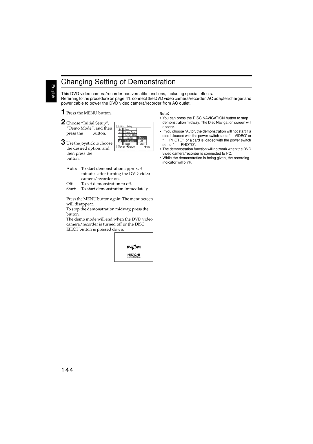 Hitachi DZMV380E, DZMV350E instruction manual Changing Setting of Demonstration, 144 