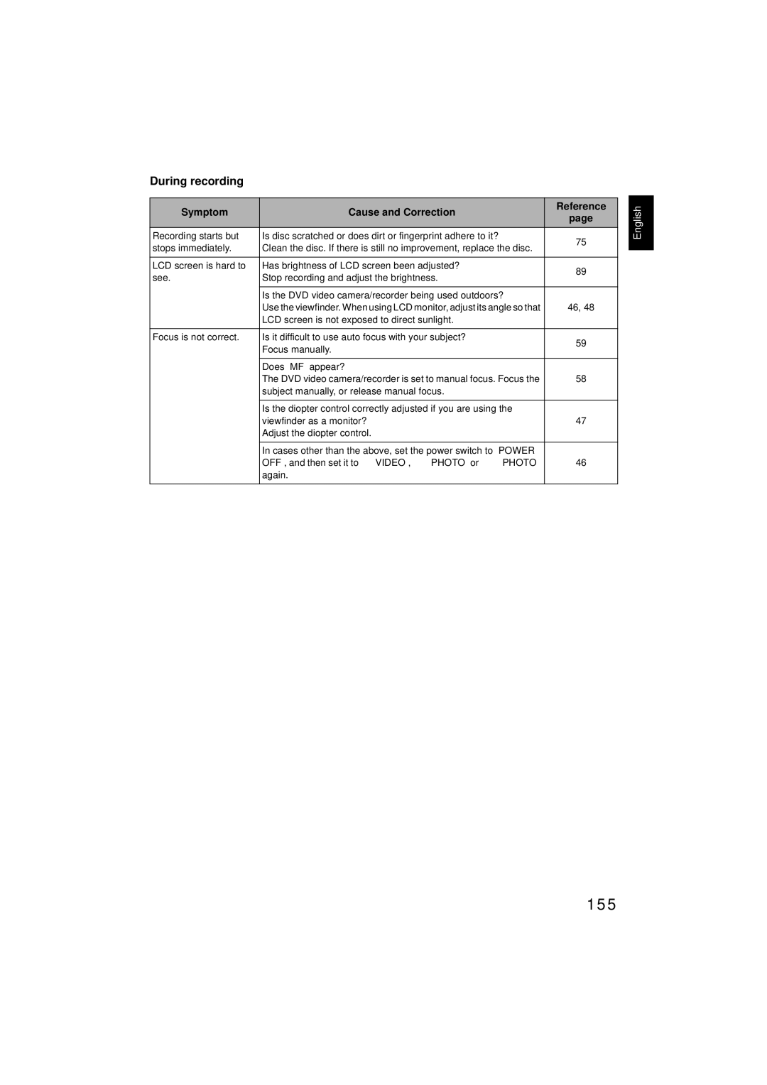 Hitachi DZMV350E 155, During recording, Symptom Cause and Correction, OFF, and then set it to VIDEO, Photo or Photo Again 