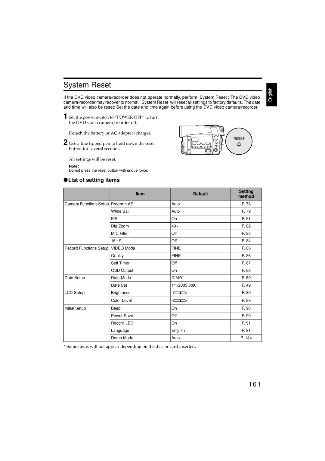 Hitachi DZMV350E, DZMV380E instruction manual System Reset, 161, List of setting items, Default Setting 