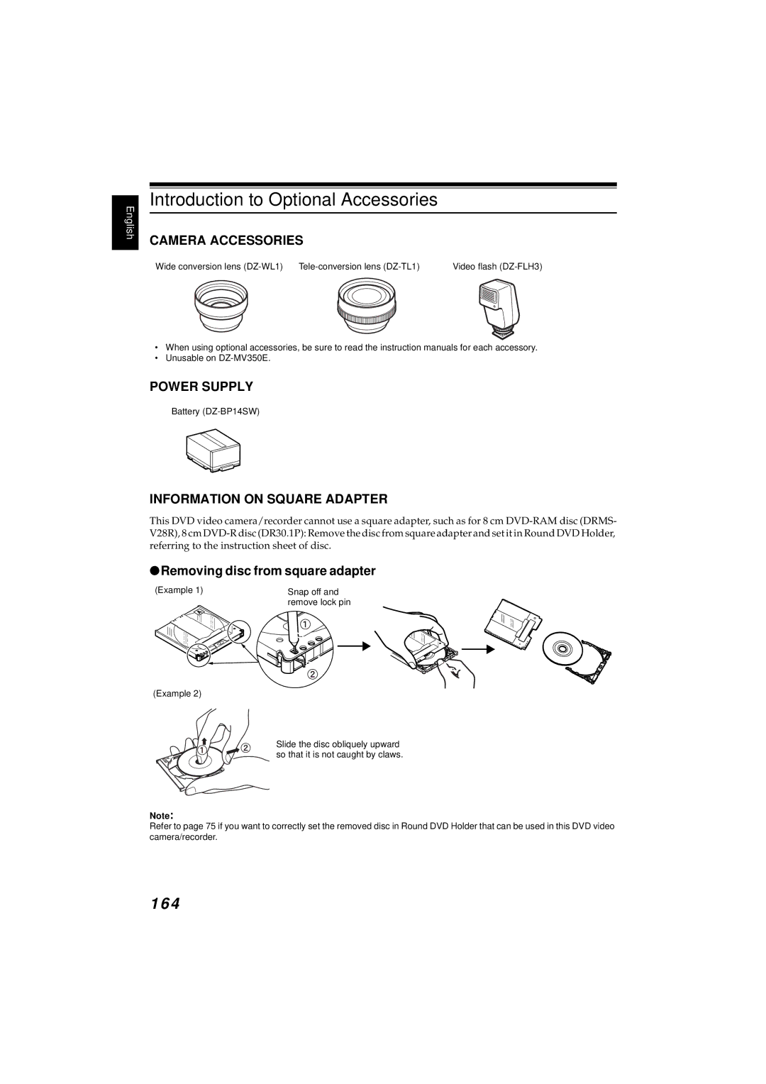 Hitachi DZMV380E, DZMV350E instruction manual Introduction to Optional Accessories, 164, Camera Accessories, Power Supply 