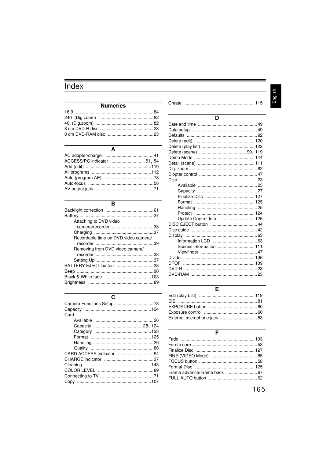 Hitachi DZMV350E, DZMV380E instruction manual Index, 165, Numerics, Frame advance/Frame back Full Auto button 