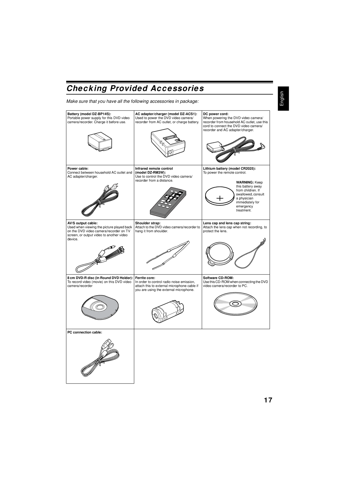 Hitachi DZMV350E, DZMV380E instruction manual Checking Provided Accessories, Model DZ-RM3W 