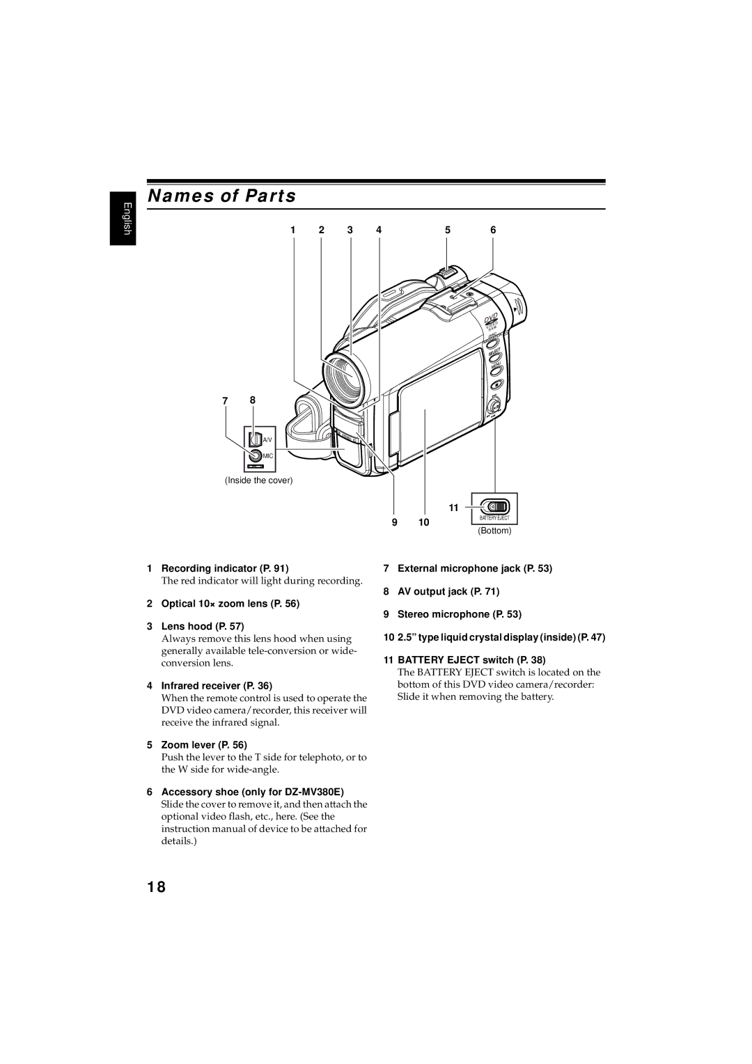 Hitachi DZMV380E, DZMV350E Names of Parts, Recording indicator P, Optical 10× zoom lens P Lens hood P, Infrared receiver P 