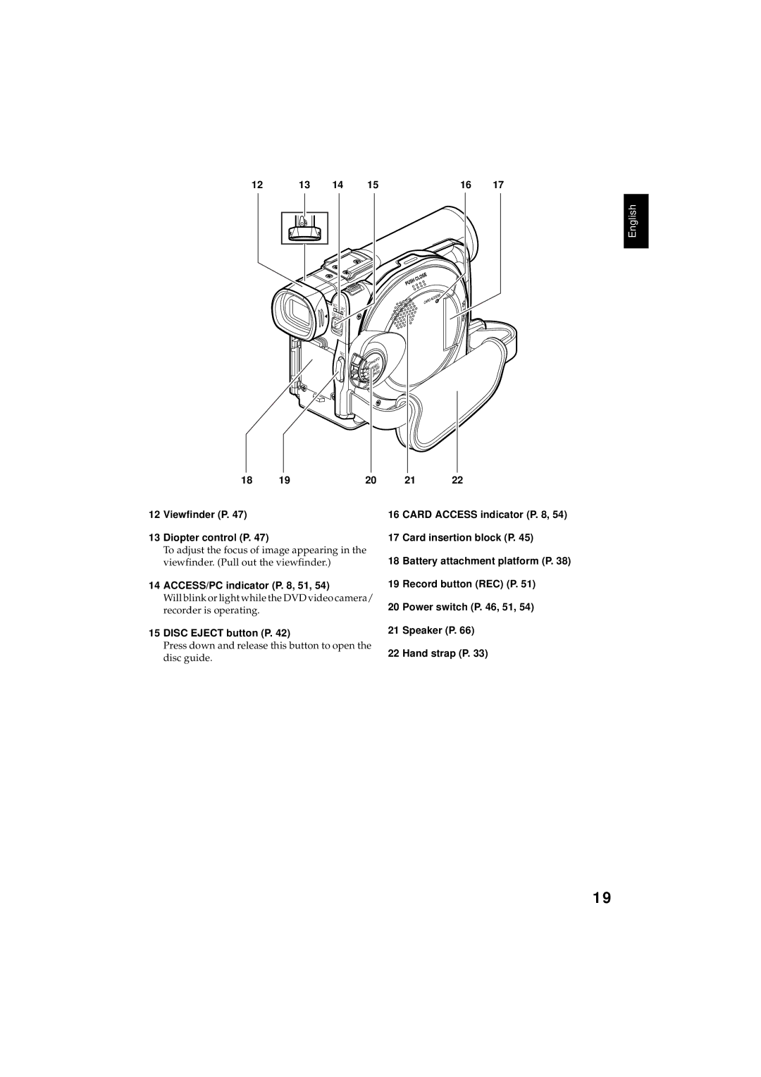 Hitachi DZMV350E, DZMV380E Viewfinder P Diopter control P, ACCESS/PC indicator P , 51, Disc Eject button P 