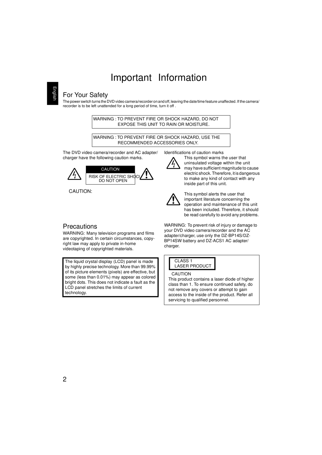 Hitachi DZMV380E, DZMV350E instruction manual For Your Safety, Precautions, Identifications of caution marks 