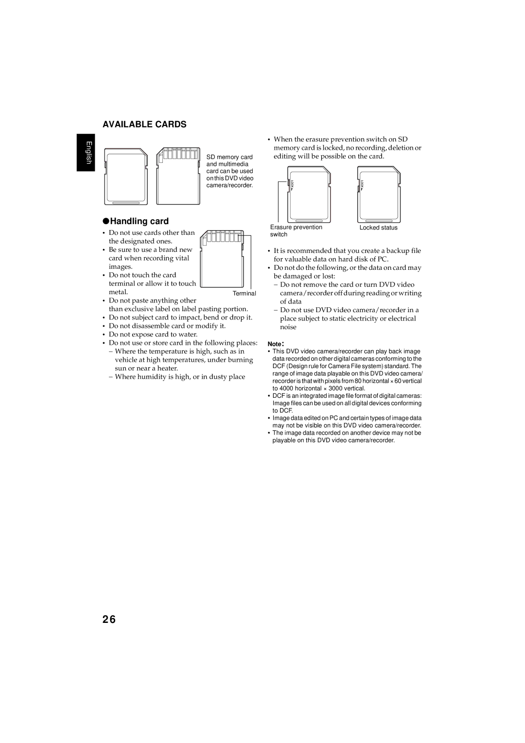 Hitachi DZMV380E, DZMV350E instruction manual Available Cards, Handling card, Metal.Terminal, Erasure prevention, Switch 