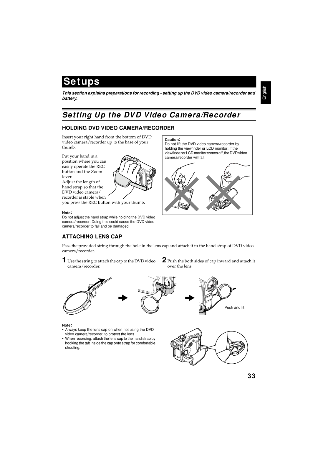 Hitachi DZMV350E, DZMV380E Setting Up the DVD Video Camera/Recorder, Holding DVD Video CAMERA/RECORDER, Attaching Lens CAP 