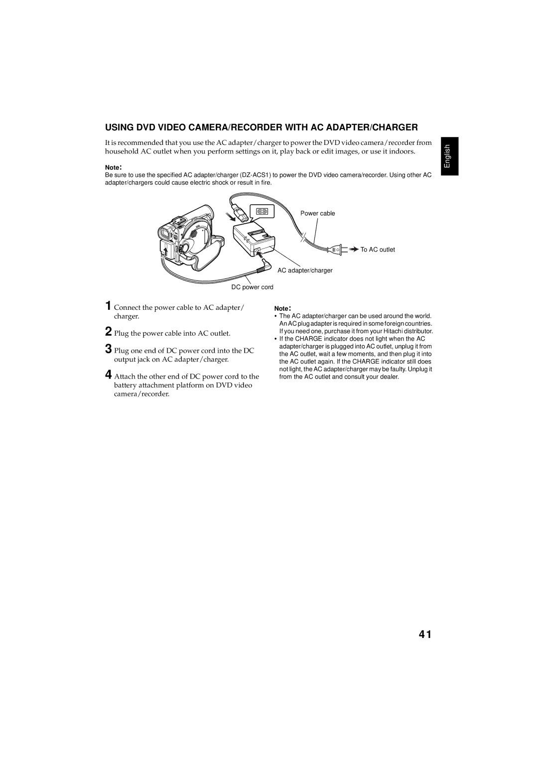 Hitachi DZMV350E, DZMV380E instruction manual Using DVD Video CAMERA/RECORDER with AC ADAPTER/CHARGER, DC power cord 