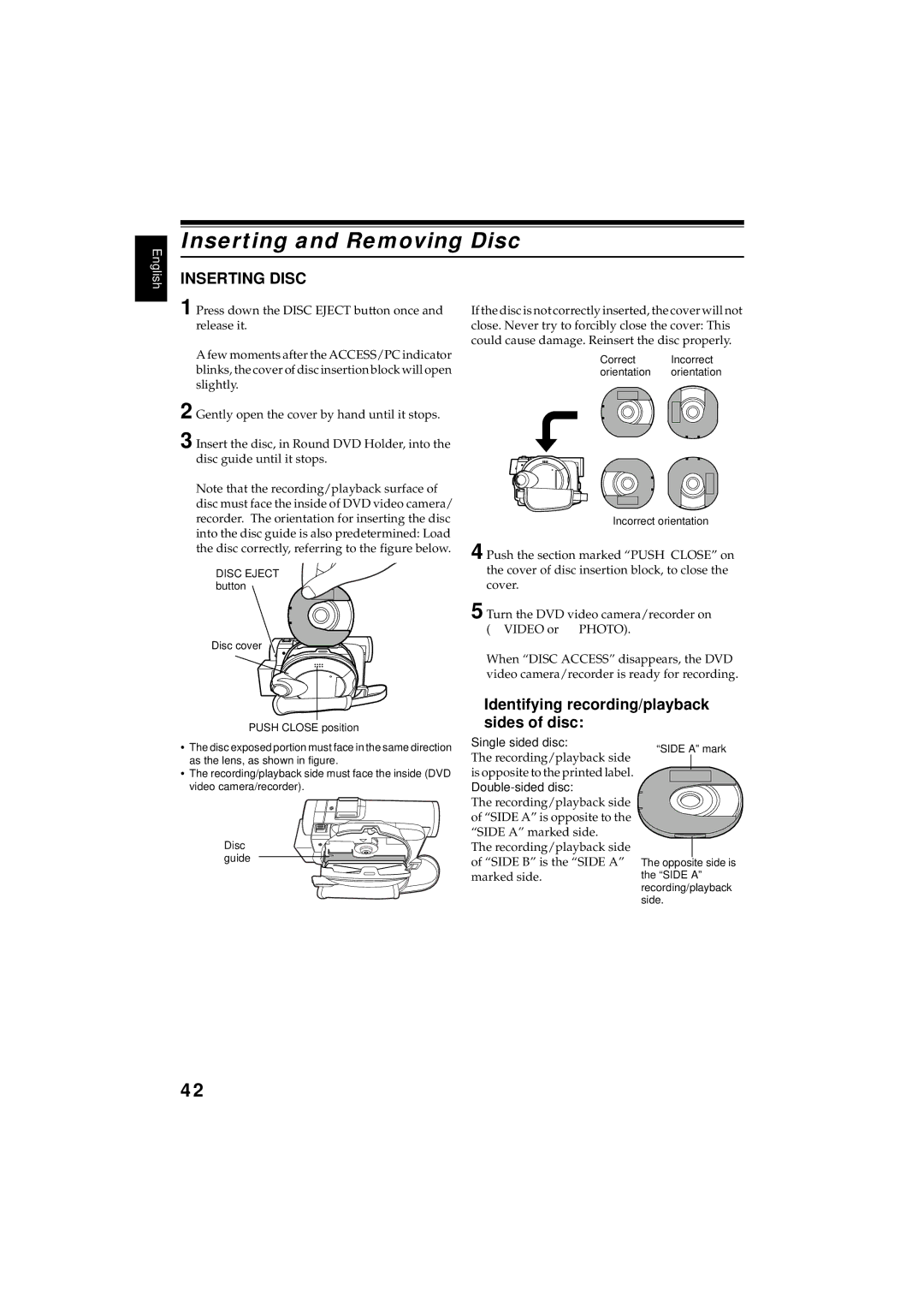 Hitachi DZMV380E, DZMV350E Inserting and Removing Disc, Inserting Disc, Identifying recording/playback sides of disc 