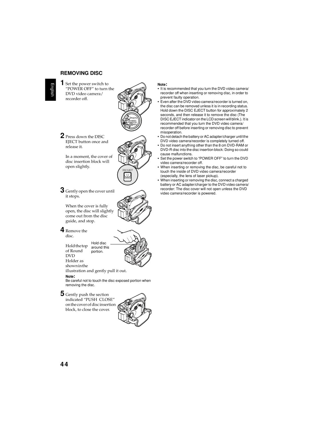 Hitachi DZMV380E, DZMV350E instruction manual Removing Disc 