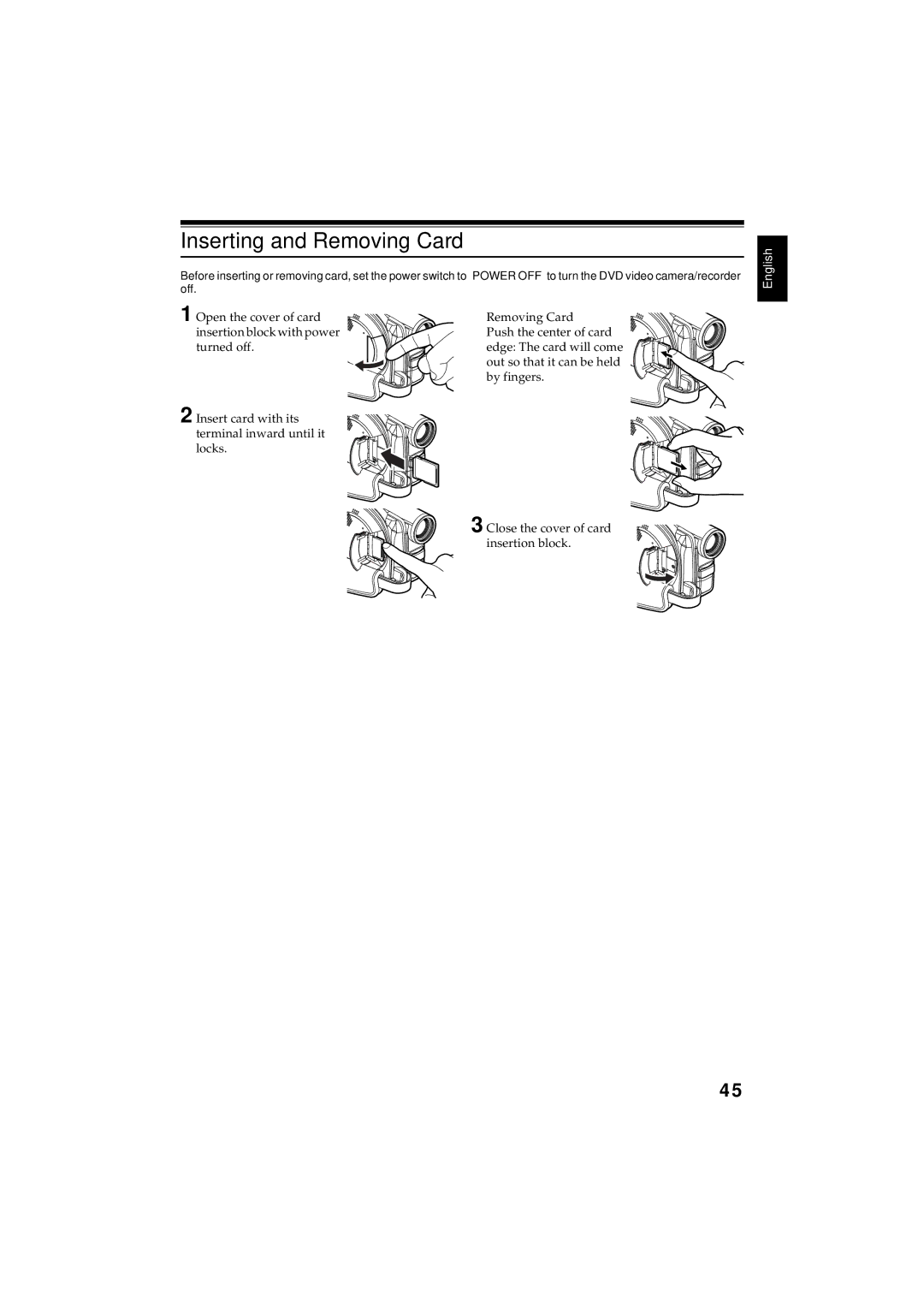 Hitachi DZMV350E, DZMV380E instruction manual Inserting and Removing Card 