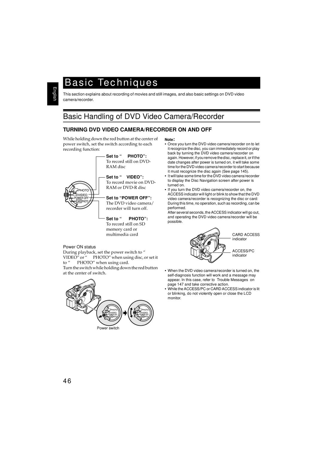 Hitachi DZMV380E Basic Handling of DVD Video Camera/Recorder, Turning DVD Video CAMERA/RECORDER on and OFF, Set to Photo 