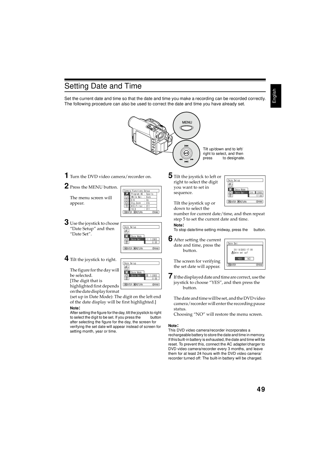 Hitachi DZMV350E, DZMV380E instruction manual Setting Date and Time 