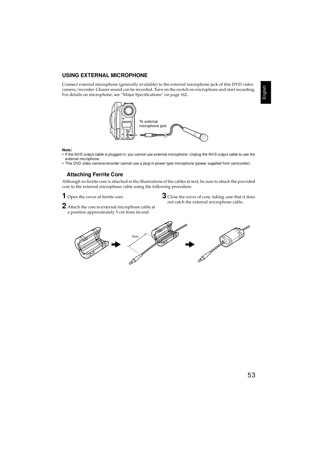 Hitachi DZMV350E, DZMV380E instruction manual Using External Microphone, Attaching Ferrite Core 