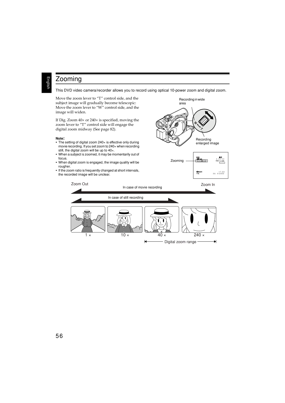 Hitachi DZMV380E, DZMV350E instruction manual Zooming, Case of movie recording Case of still recording 