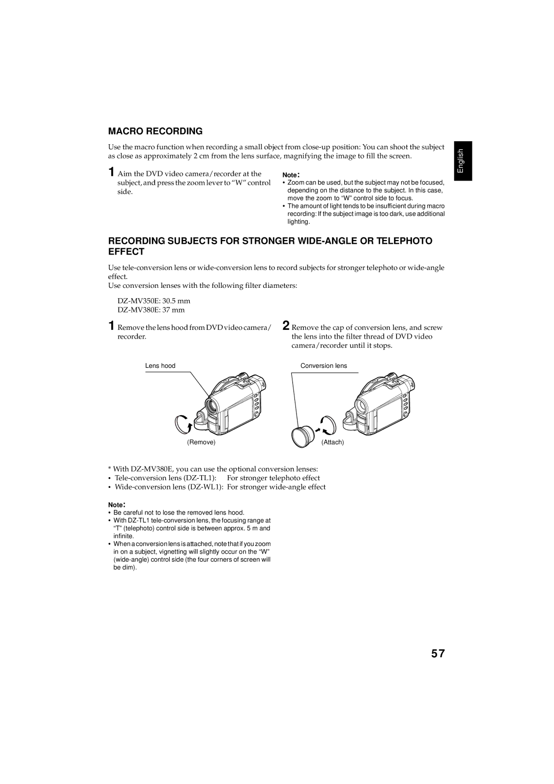 Hitachi DZMV350E, DZMV380E instruction manual Macro Recording, Lens hood Conversion lens Remove Attach 