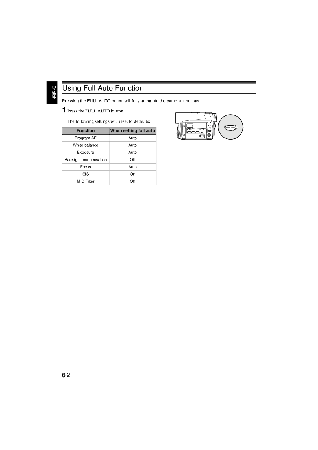 Hitachi DZMV380E, DZMV350E instruction manual Using Full Auto Function, MIC.Filter 