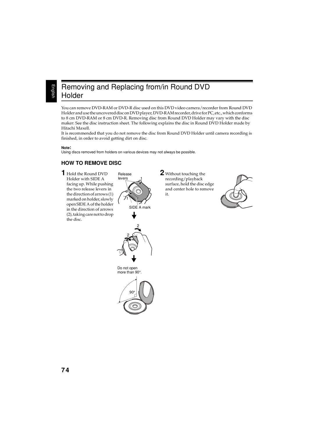 Hitachi DZMV380E, DZMV350E Removing and Replacing from/in Round DVD Holder, HOW to Remove Disc, Release Levers Side a mark 