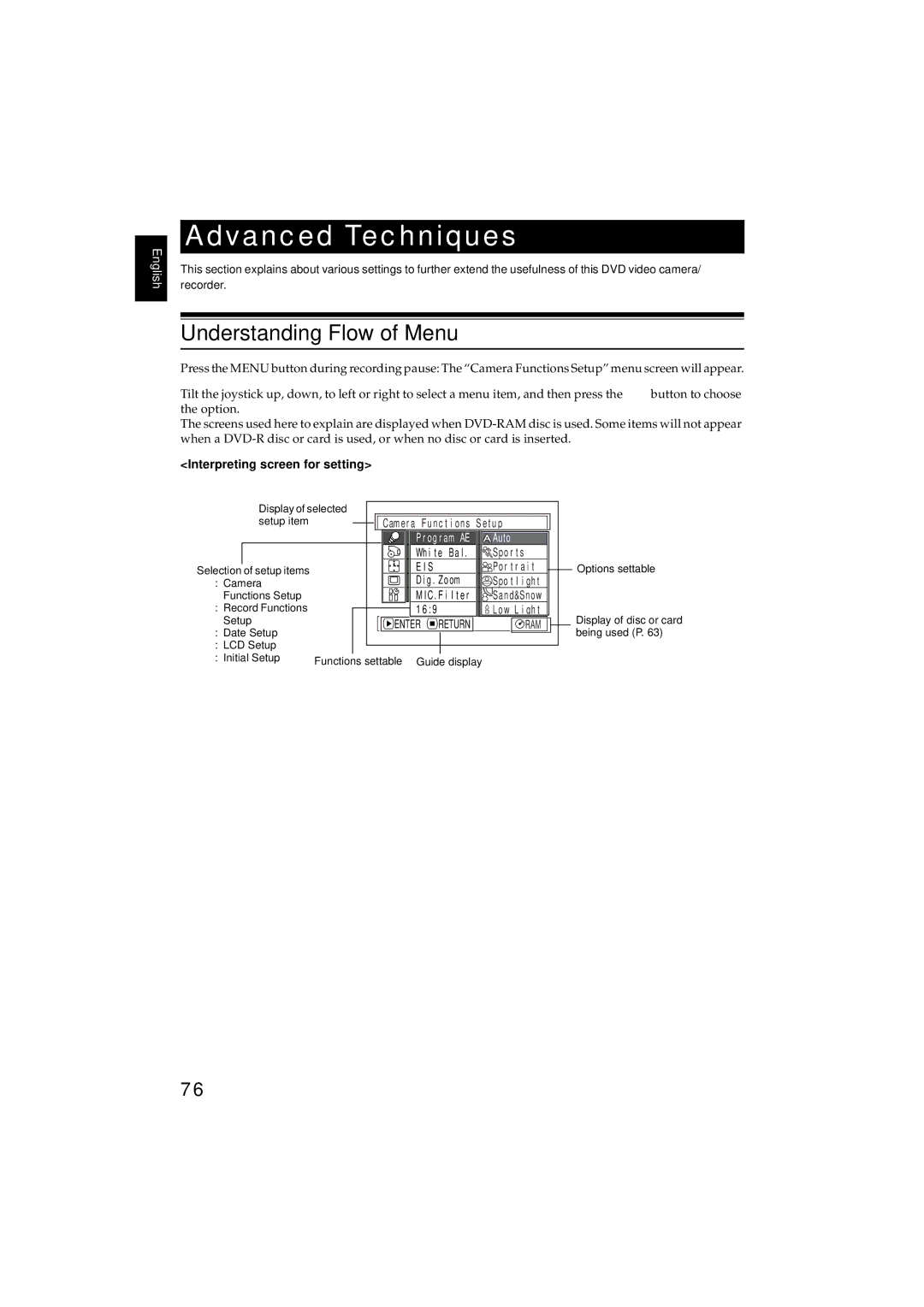 Hitachi DZMV380E, DZMV350E instruction manual Understanding Flow of Menu, Interpreting screen for setting 