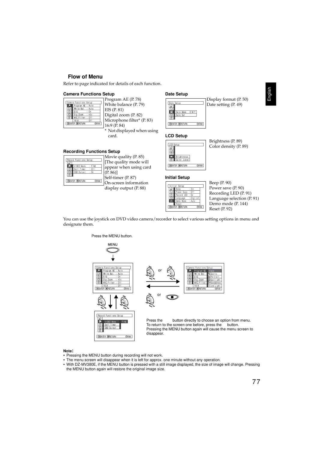 Hitachi DZMV350E Flow of Menu, Camera Functions Setup Date Setup, LCD Setup, Recording Functions Setup, Initial Setup 