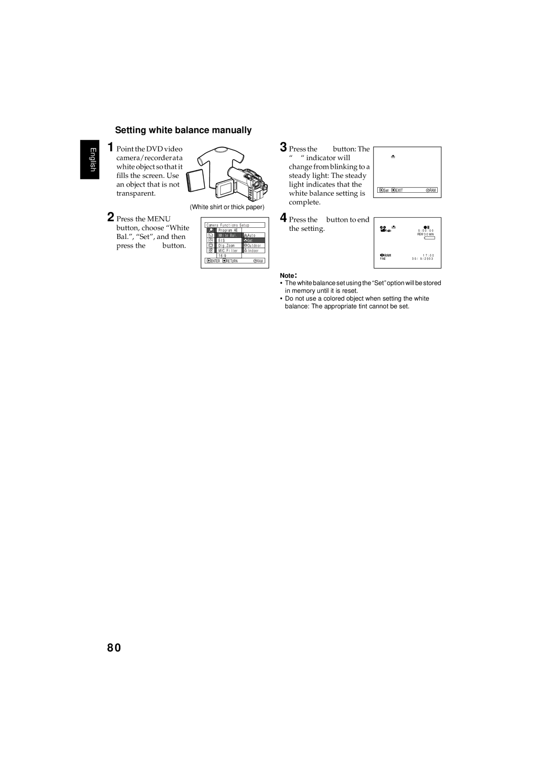 Hitachi DZMV380E, DZMV350E Setting white balance manually, Press the button to end the setting, White shirt or thick paper 