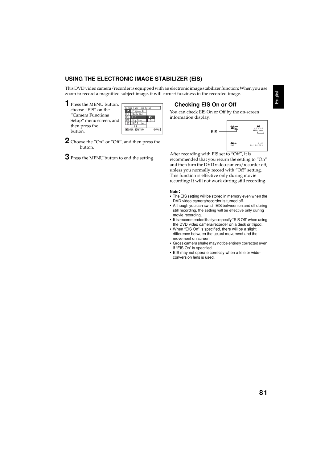 Hitachi DZMV350E, DZMV380E instruction manual Using the Electronic Image Stabilizer EIS, Checking EIS On or Off 