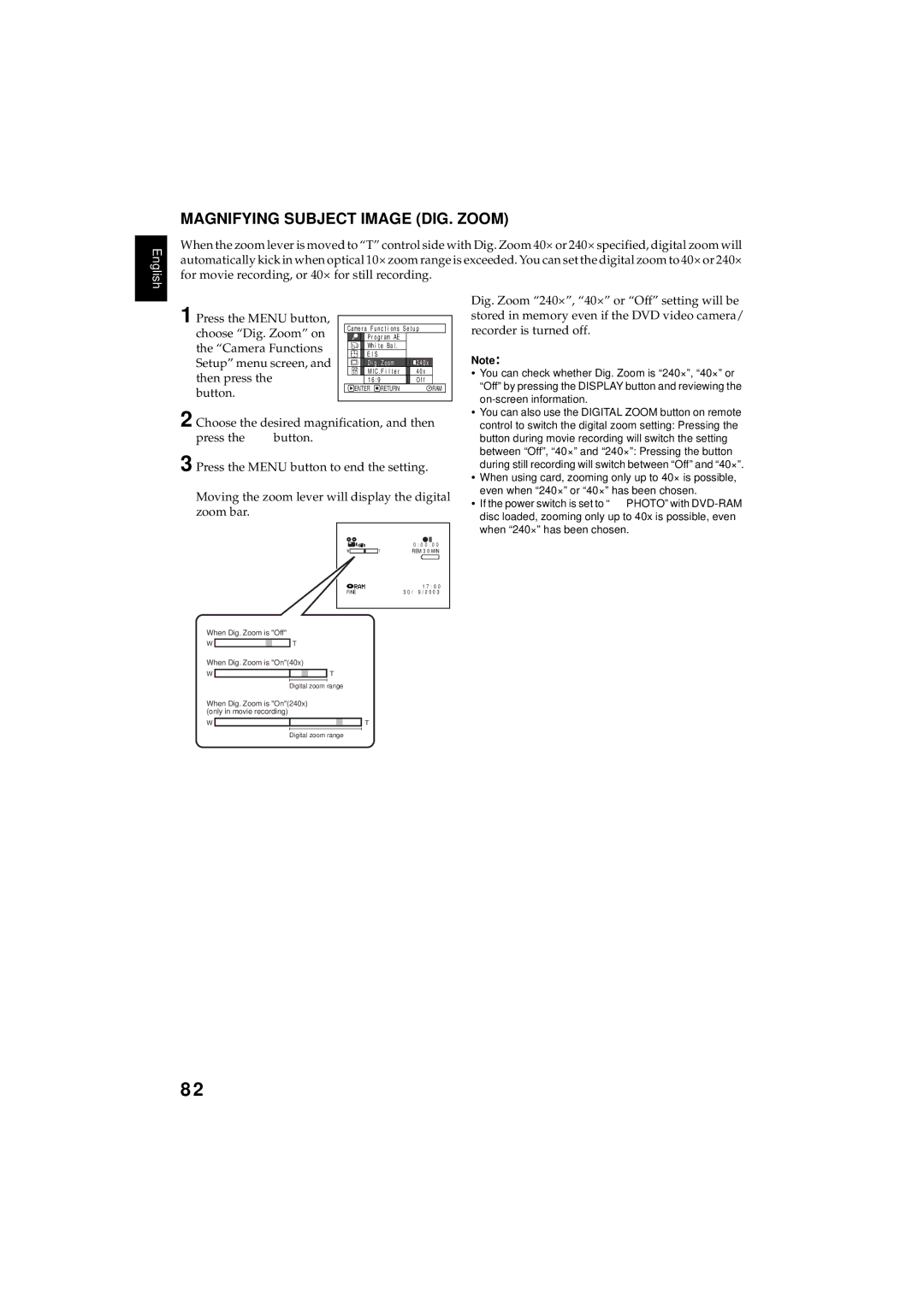 Hitachi DZMV380E, DZMV350E instruction manual Magnifying Subject Image DIG. Zoom 