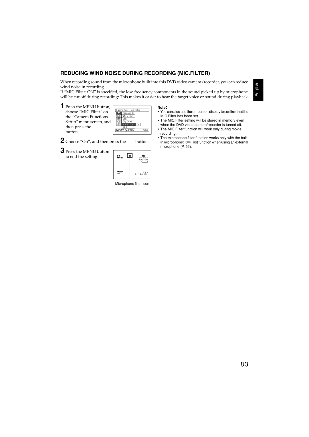 Hitachi DZMV350E, DZMV380E instruction manual Reducing Wind Noise During Recording MIC.FILTER 